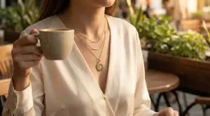 Kobieta w eleganckiej stylizacji nosząca subtelną złotą zawieszkę i zestaw pierścionków próby 585 z kolekcji Jubiler Prestiż.