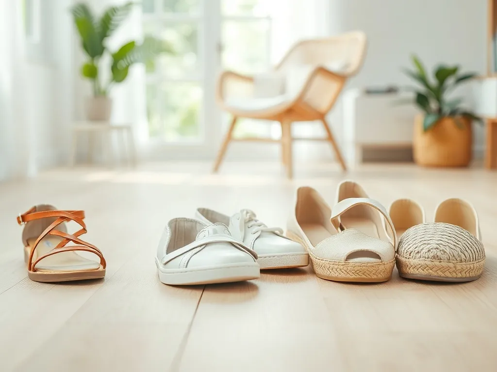 Różne stylowe buty damskie na wiosnę-lato 2026 ustawione na jasnej podłodze w jasnym, nowoczesnym wnętrzu