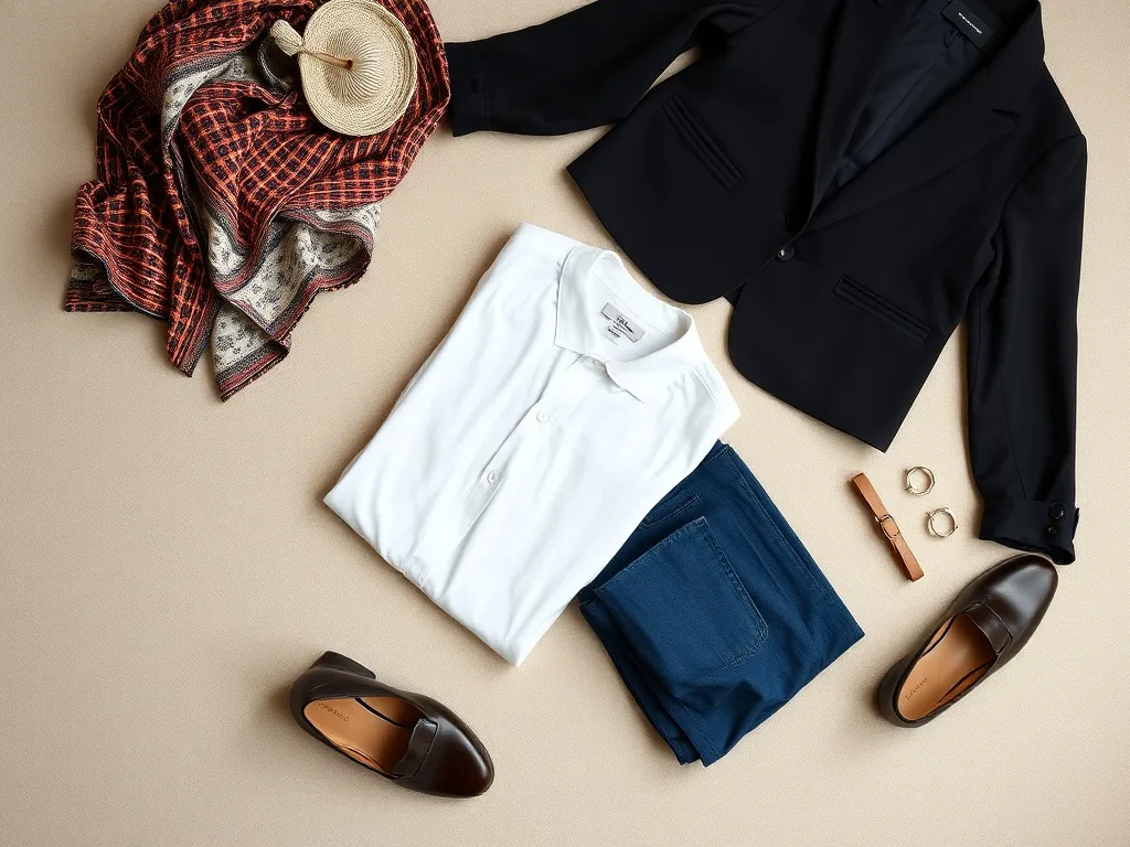 Minimalistyczna garderoba z klasycznymi bazami na tle odrzuconych krzykliwych ubrań, podkreślająca anty‑trendy w modzie.