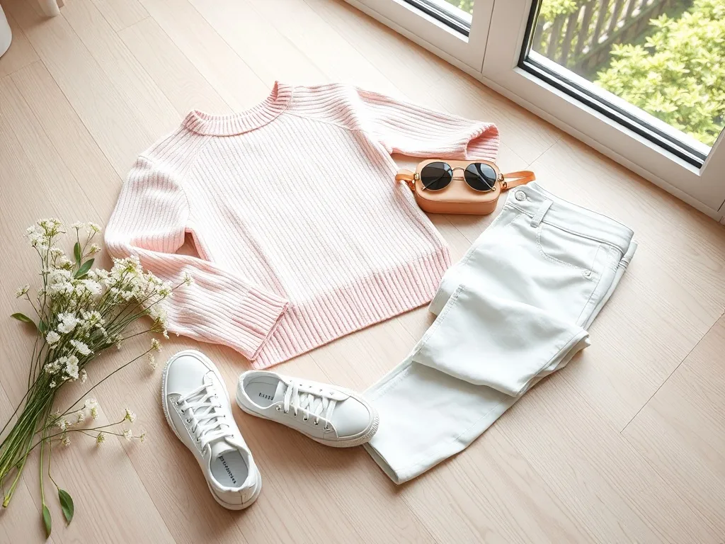 Pastelowy wiosenny zestaw na co dzień: sweter, jasne jeansy, białe sneakersy, torebka i okulary w lekkim, świeżym stylu.