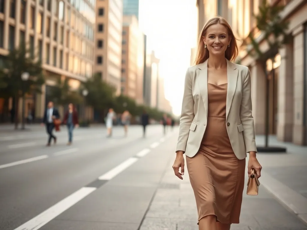 Elegancka 40-latka w midi sukience i marynarce idzie pewnym krokiem ulicą, prezentując szykowną, minimalistyczną stylizację.