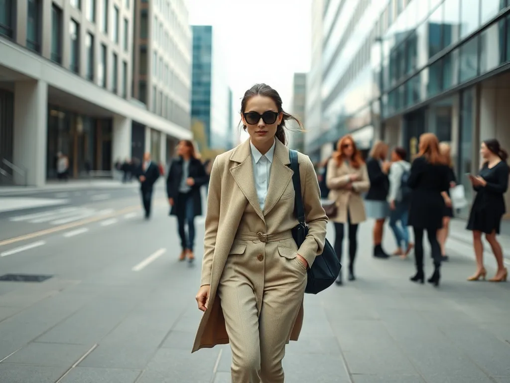 Stylowa osoba w minimalistycznym, skandynawskim stroju odchodzi z pokazu na kopenhaskim tygodniu mody.