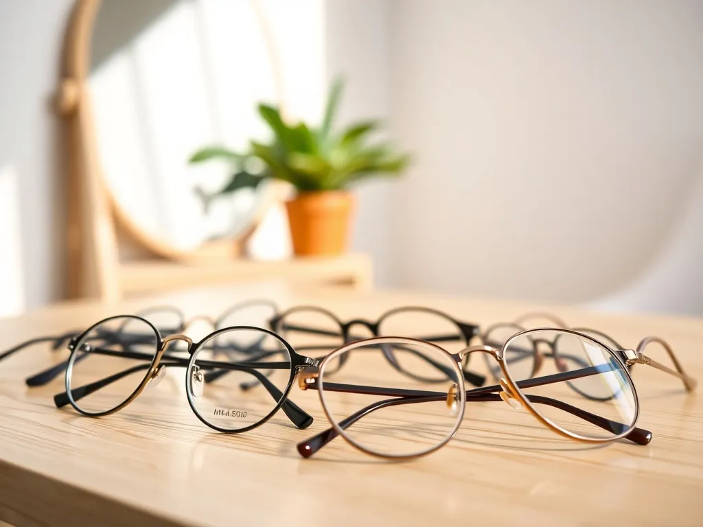 Różne modne oprawki okularów w różnych kształtach na jasnym stole, ilustrujące dobór okularów do kształtu twarzy.