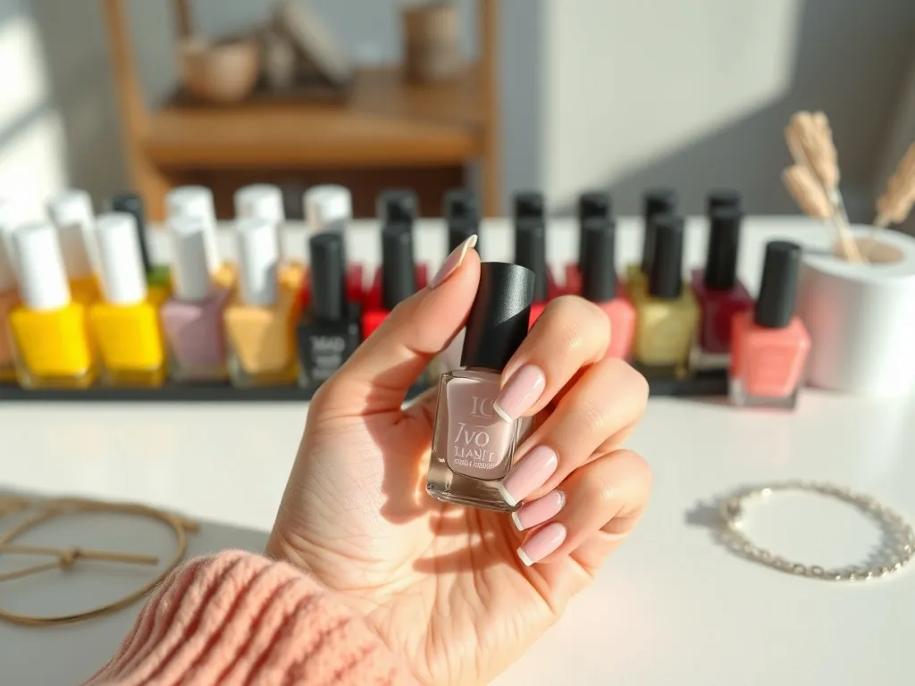 Dłoń z pastelowym manicure i minimalistycznym zdobieniem trzyma lakier, w tle kolorowe buteleczki lakierów na białym stole