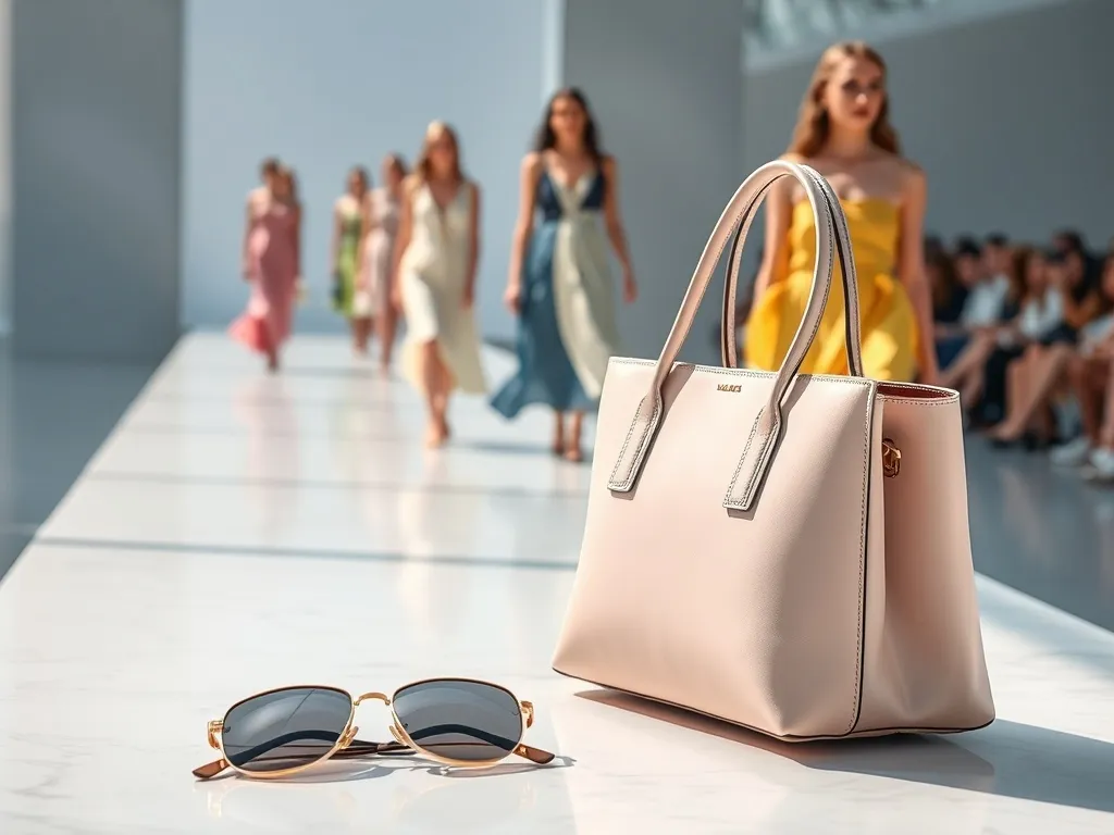 Pastelowa torebka Prada i okulary przeciwsłoneczne na marmurze, w tle rozmyte sylwetki modelek w wiosennych stylizacjach.