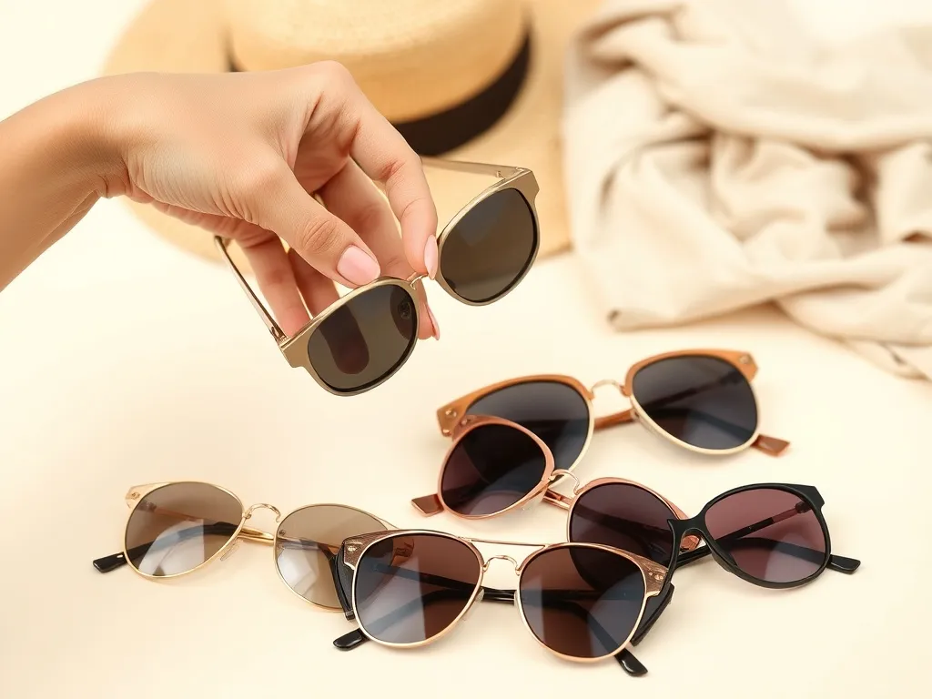 Eleganckie, damskie okulary przeciwsłoneczne w różnych kształtach i kolorach ułożone na pastelowym tle z letnimi dodatkami w tle.