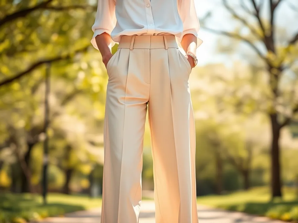 Kobieta w pastelowych, szerokich spodniach z wysokim stanem na wiosenny spacer, podkreślający modny fason spodni