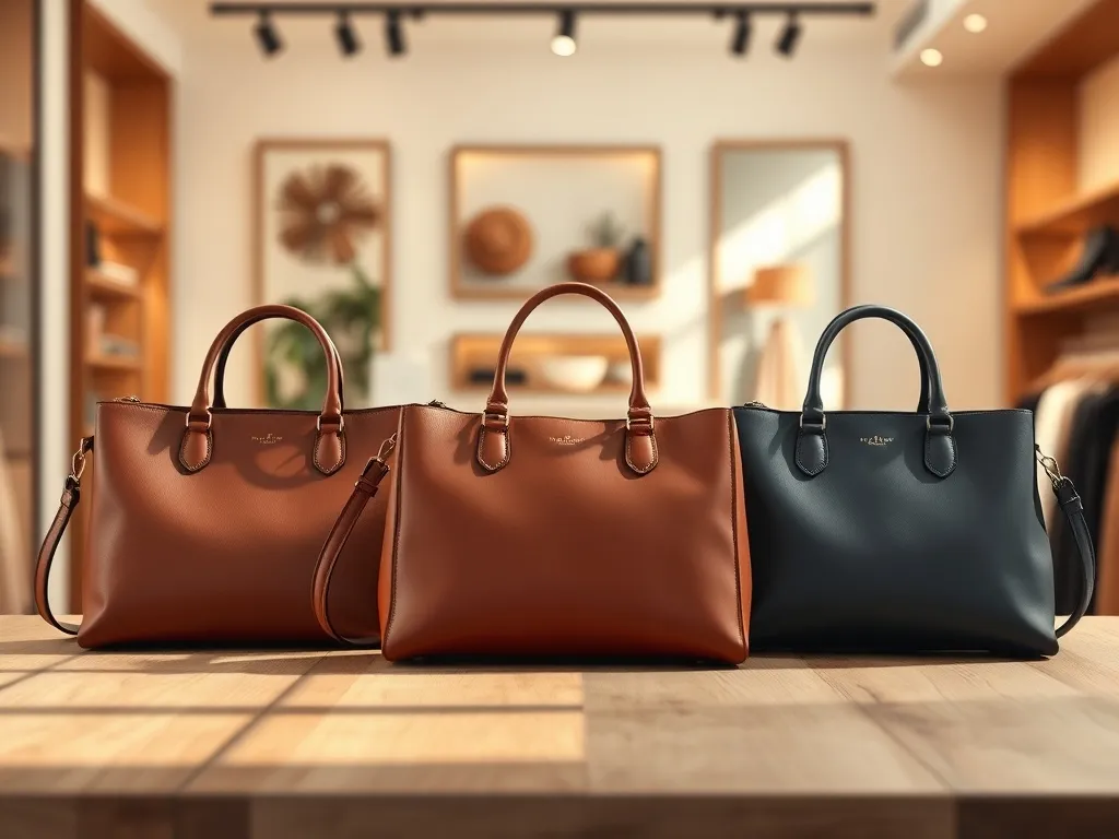 Trzy modne torebki w różnych kolorach i kształtach na drewnianym stole, w tle rozmyte stylowe wnętrze butiku