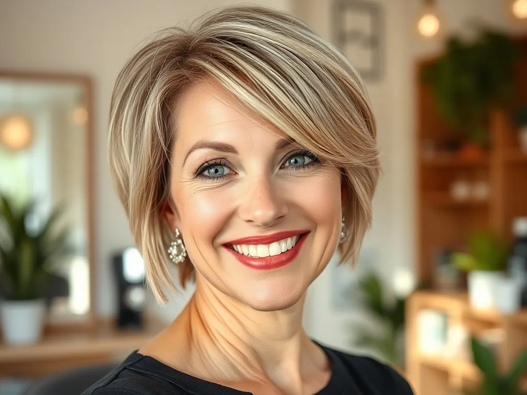 Uśmiechnięta dojrzała kobieta z nowoczesną krótką fryzurą w jasnym, eleganckim salonie fryzjerskim, efekt odmładzający