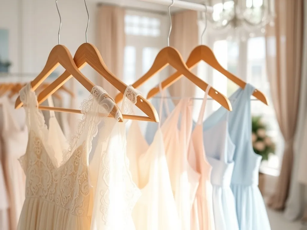 Pastelowe sukienki na komunię na wieszakach w jasnym butiku, w odcieniach kremu, pudrowego różu i błękitu.