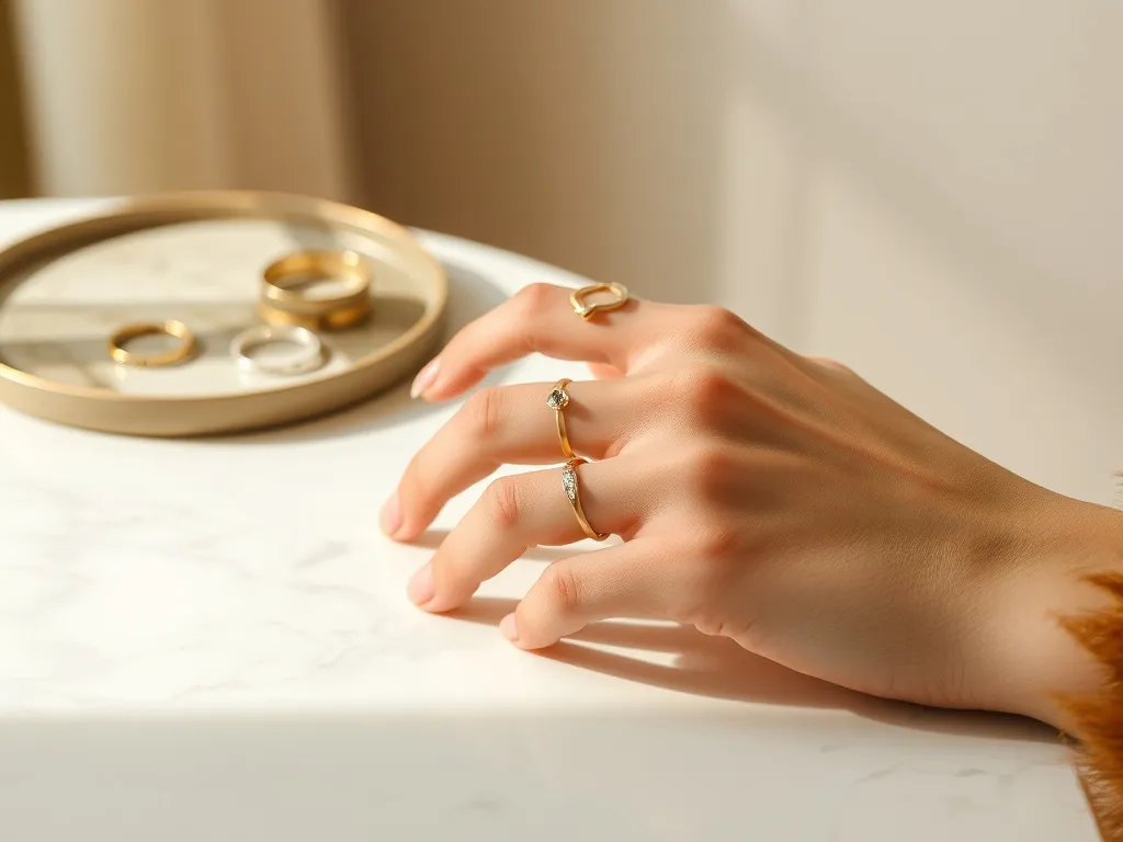 Dłoń kobiety z delikatnymi, minimalistycznymi pierścionkami w złocie i srebrze na marmurze, w tle tace z modną biżuterią