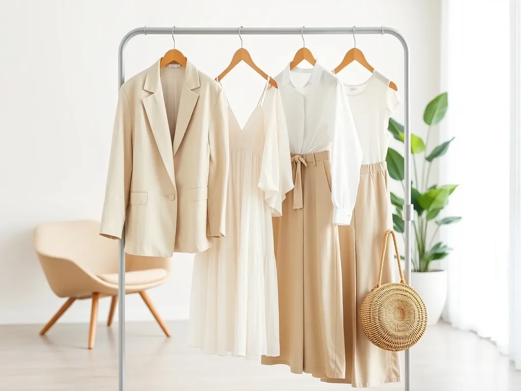 Minimalistyczny stojak z pastelowymi stylizacjami wiosna–lato 2026 w jasnym, nowoczesnym, słonecznym wnętrzu