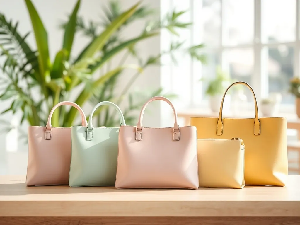 Pastelowe torebki wiosenne w modnych kolorach na jasnym stole, w tle jasne wnętrze z roślinami i słonecznym oknem.