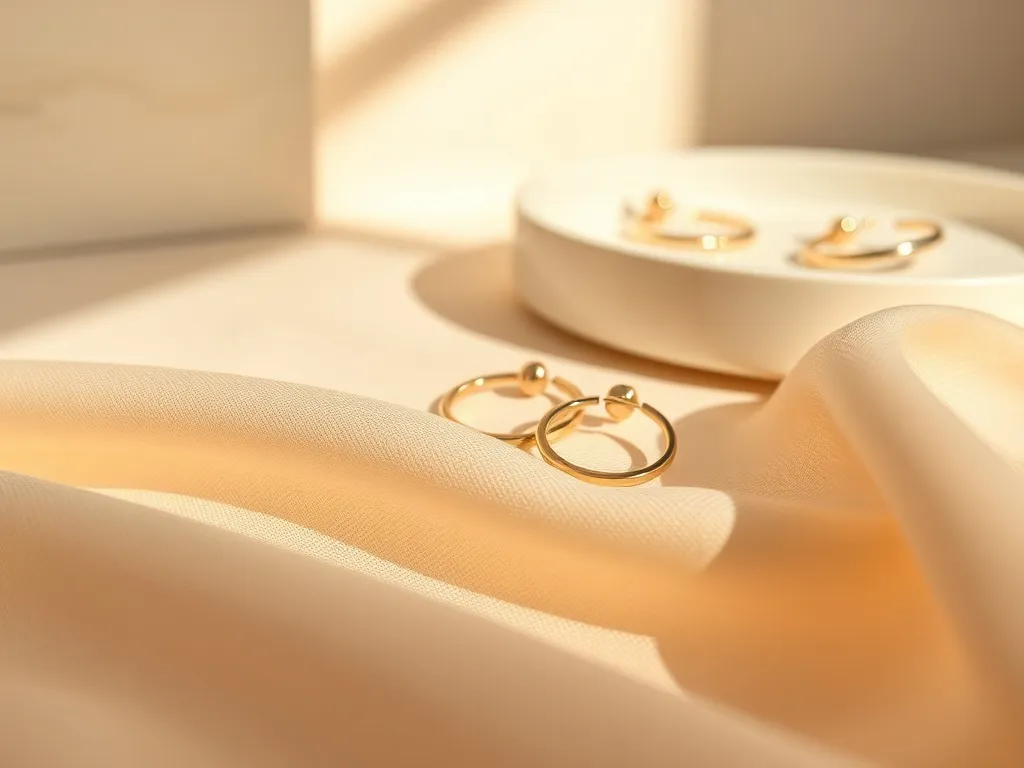 Delikatne złote kolczyki na beżowej tkaninie, w ciepłym świetle, prezentujące nowoczesny i kobiecy styl biżuterii