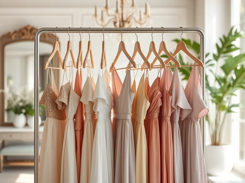 Pastelowe sukienki o różnych fasonach na wieszaku w eleganckim butiku, tworzące lekką, weselną atmosferę.