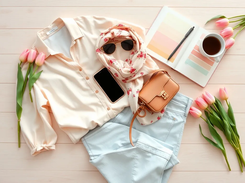 Pastelowy wiosenny flat lay stylizacji z jeansami, apaszką i dodatkami, inspiracja outfitów na Pinterest