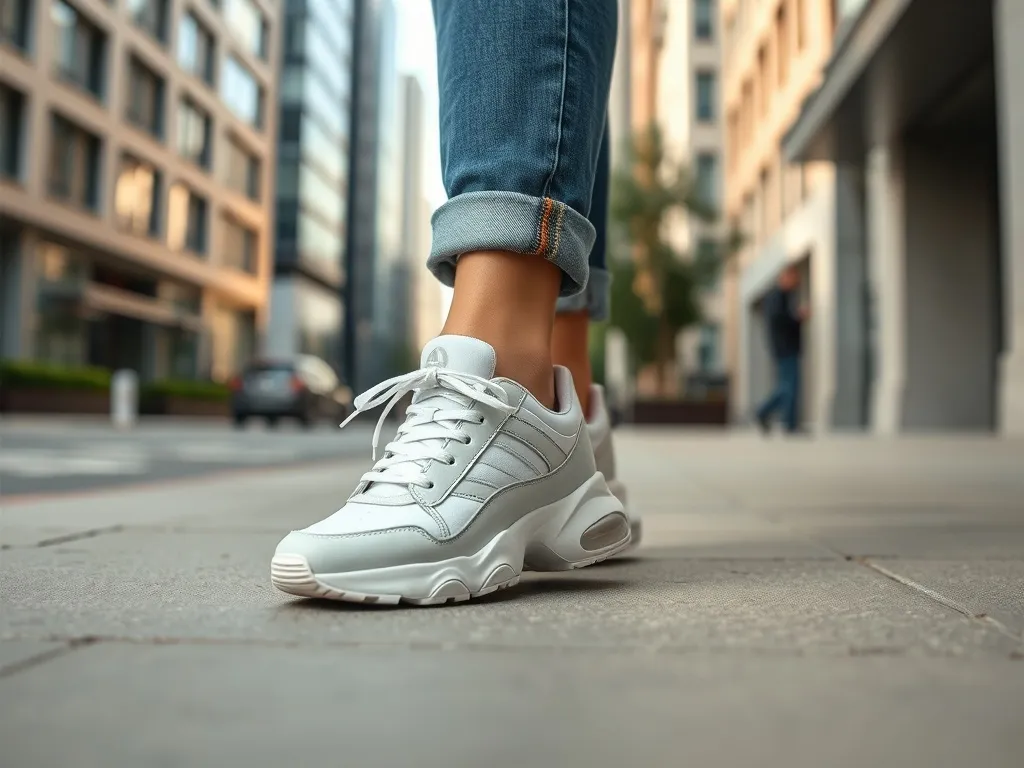 Stylowe białe i pastelowe sneakersy damskie na miejskim chodniku, podkreślające modny, casualowy look z podwiniętymi jeansami