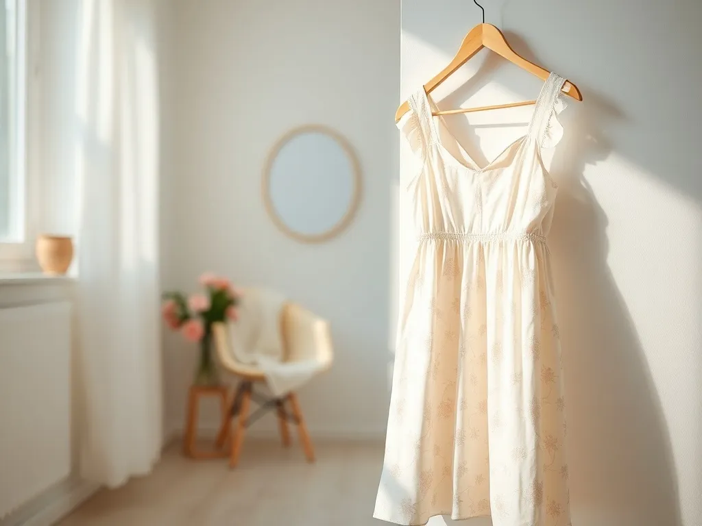 Jasna, zwiewna sukienka w pastelowe kwiaty na wieszaku w jasnym, romantycznym wnętrzu jako inspiracja na wesele.