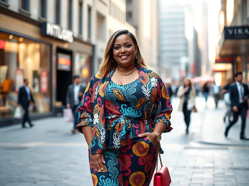 Pewna siebie kobieta plus size w kolorowej stylizacji pozuje na ulicy, pokazując, jak wyróżnić się modą w miejskim otoczeniu.