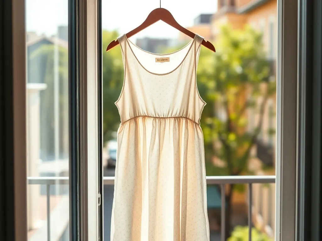 Zwiewna pastelowa sukienka w kwiaty przy otwartych drzwiach balkonowych, w tle słoneczna, letnia ulica miasta.