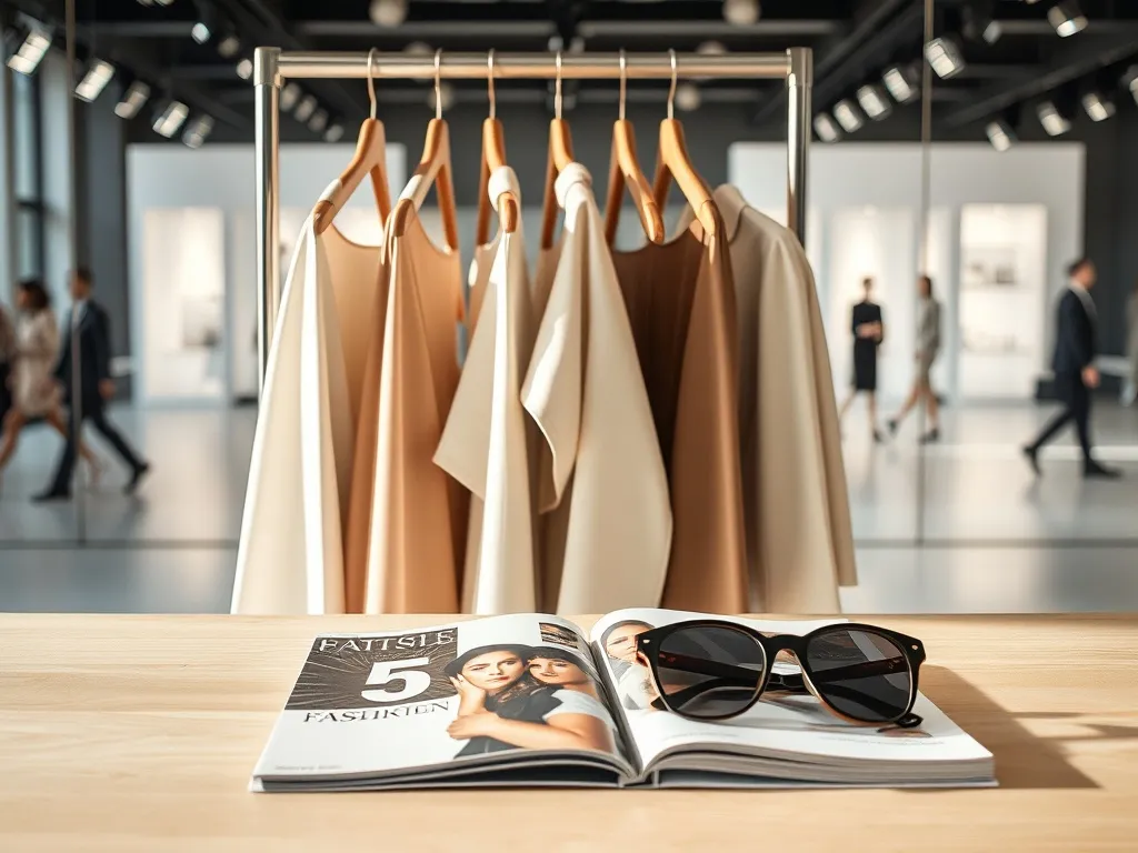 Minimalistyczne stylizacje na wieszaku, obok magazyn modowy i okulary, w tle rozmyte światła wybiegu – klimat high fashion.