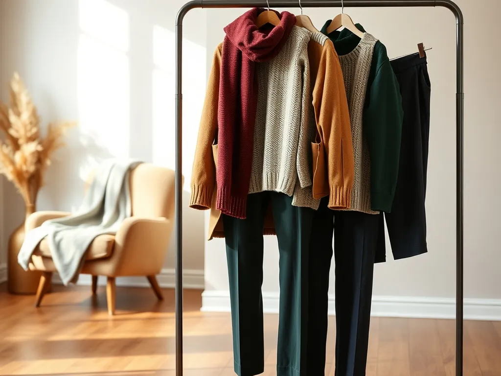 Minimalistyczny stojak z jesienno-zimowymi stylizacjami w ciepłych beżach, bordo, zieleni i granacie w przytulnym wnętrzu