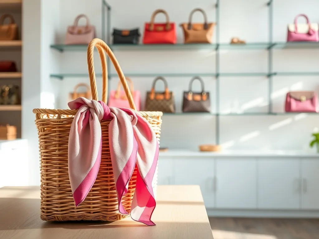 Modna wiklinowa torebka z jedwabną apaszką na tle kolorowych modeli w jasnym, wiosenno-letnim butiku.