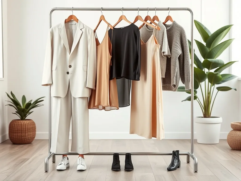 Minimalistyczny stojak z modnymi ubraniami i butami w neutralnych barwach, prezentujący kluczowe trendy sezonu.