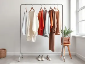 Minimalistyczny stojak z ubraniami w trendowych kolorach 2026 obok sneakersów i torebki w jasnym, nowoczesnym wnętrzu.