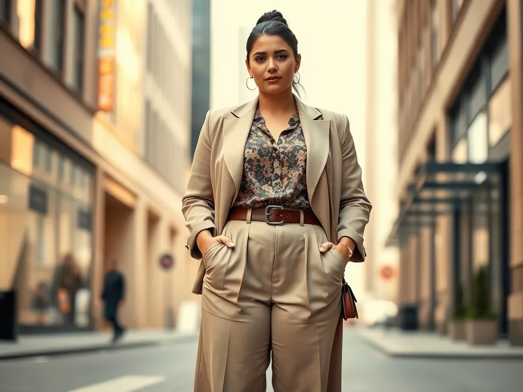 Pewna siebie kobieta plus size w modnej stylizacji oversize prezentuje casualowy street style na tle nowoczesnego miasta.