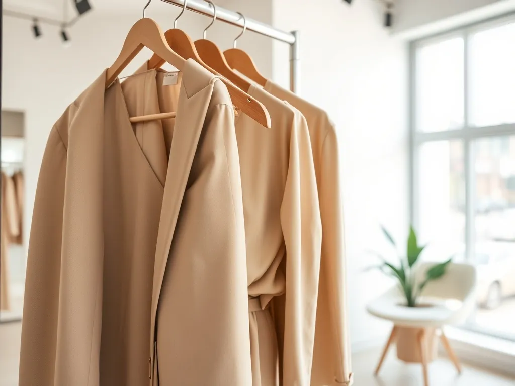 Minimalistyczny wieszak z neutralnymi, eleganckimi ubraniami high fashion w jasnym, nowoczesnym butiku.