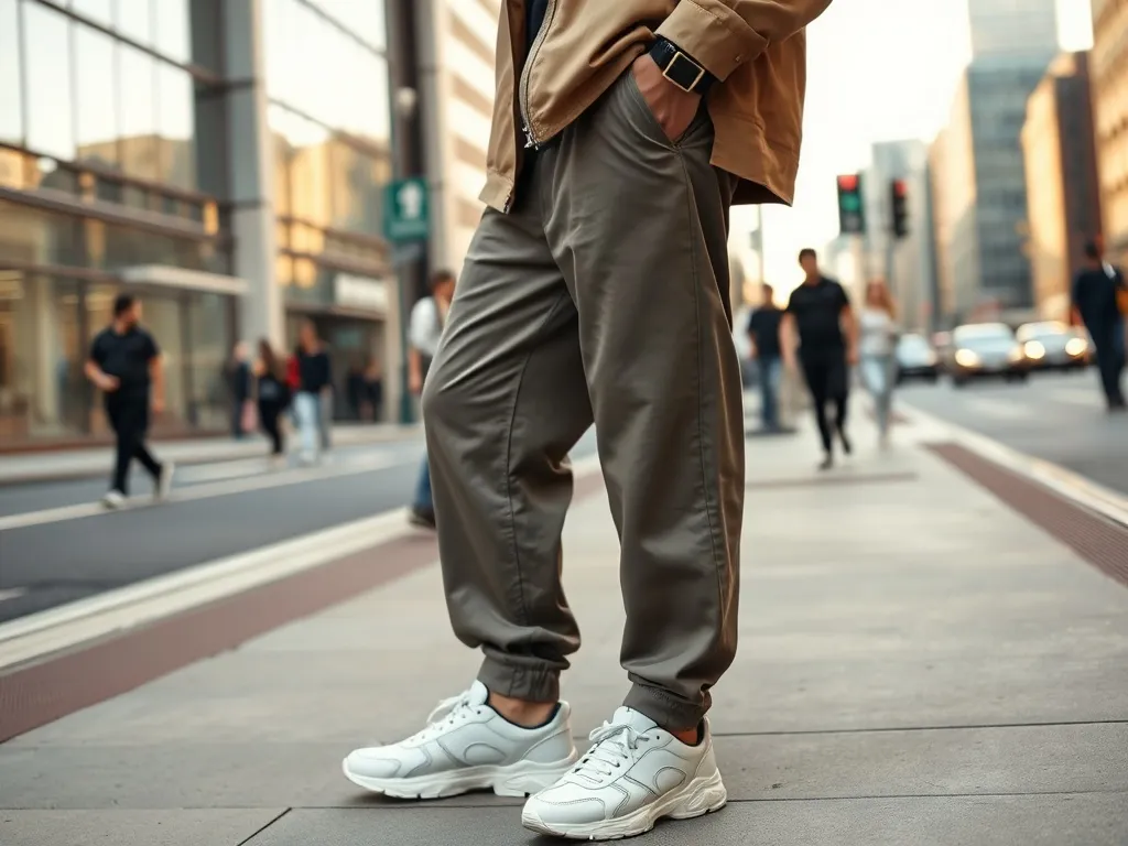 Stylowa osoba w oversize’owej kurtce i sneakersach prezentuje casualowy streetwear na tle nowoczesnej miejskiej ulicy.
