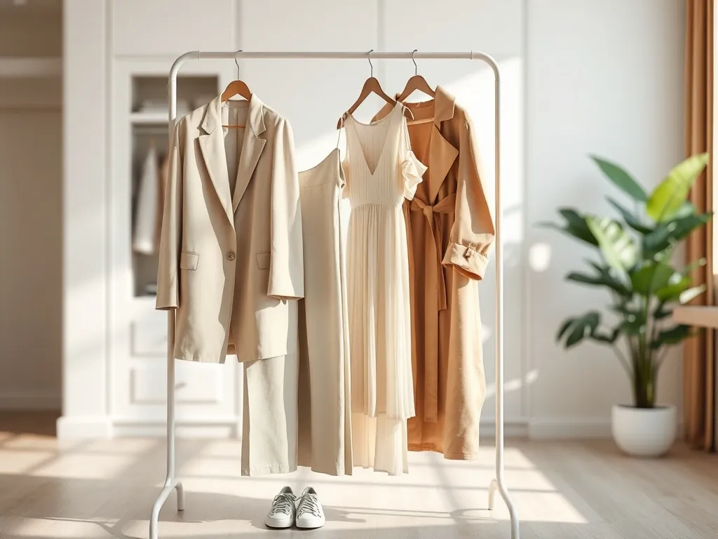 Minimalistyczny wieszak z modnymi ubraniami w neutralnych barwach, ukazujący trendy i ponadczasowy styl na nadchodzący sezon.