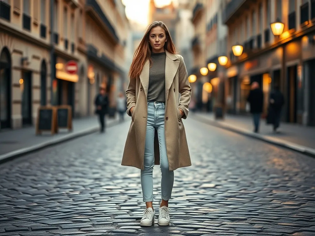 Młoda kobieta w minimalistycznej stylizacji na brukowanej ulicy, prezentująca miejski, polski trend modowy w neutralnych kolorach