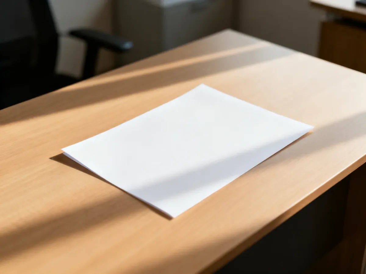 Pojedyncza kartka papieru w formacie US Letter leżąca na drewnianym biurku w słonecznym biurze.